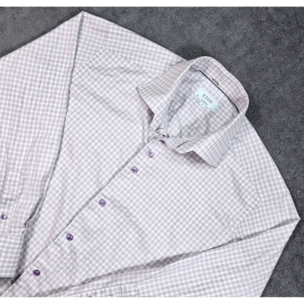 Eton Dress Shirt Mens XL 17.5 Purple White Gingham Contemporary Fit Excellent